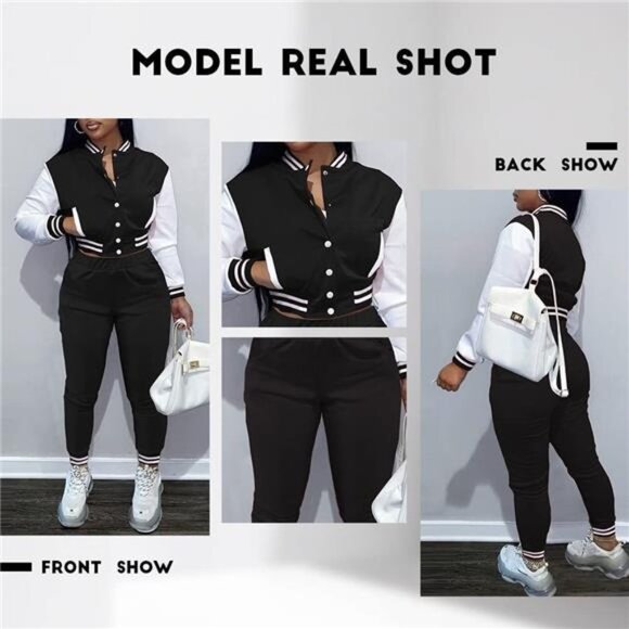 Women Varsity Sweatsuit Button Down 2 Piece Outfit Slim Tracksuit Set - Picture 4 of 6